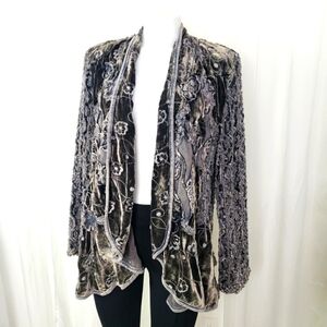 Stella Moda gray velvet and knit open front jacket floral mixed media